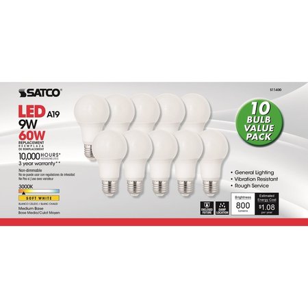 Satco . A19 E26 (Medium) LED Bulb Soft White 60 Watt Equivalence 10 pk S11400